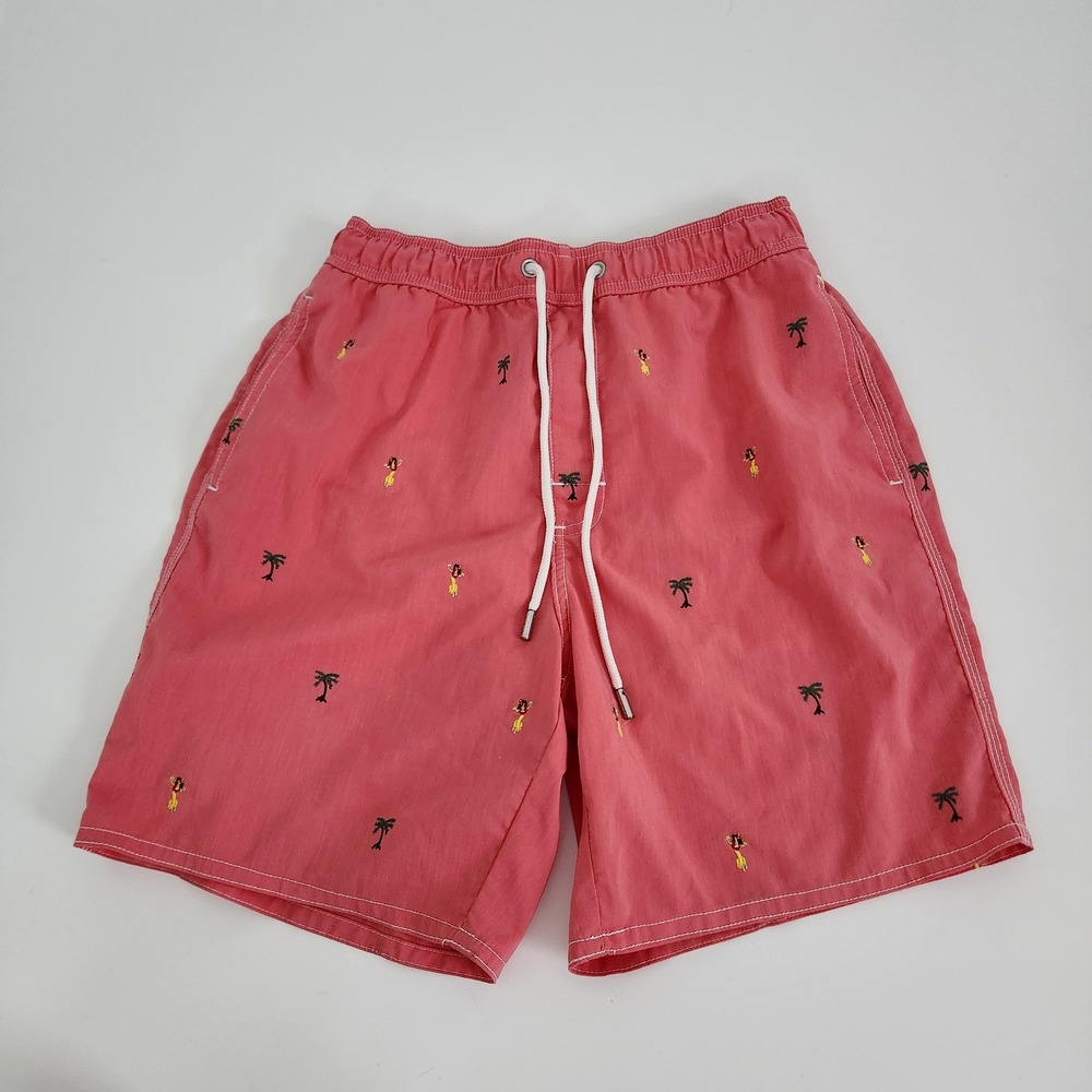 True Grit Mens size Small Coral Pink Embroidered Palm Tree Hula Girl Swim Trunks
